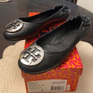 Authentic Tory Burch Reva Black Flats with Silver Hardware!